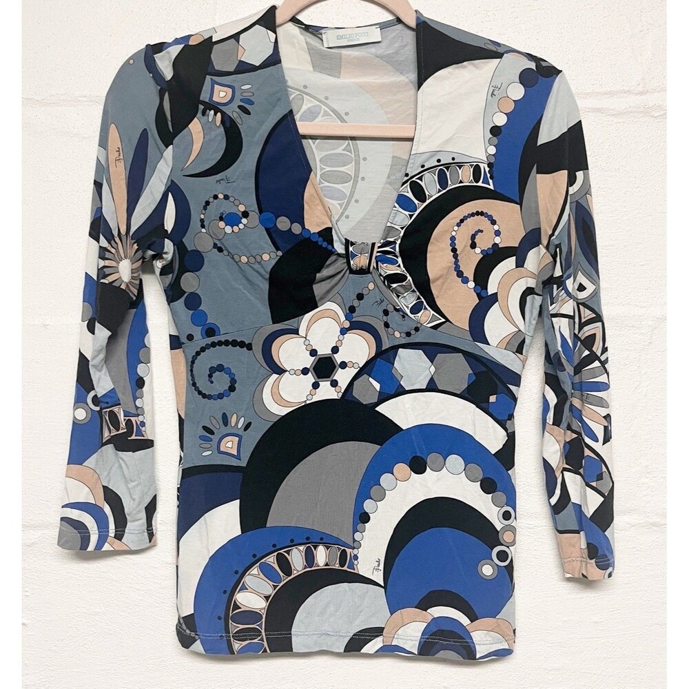 EMILIO PUCCI Vintage Iconic Patterned V-Neck Top Size M 3/4 Sleeve Mod Retro